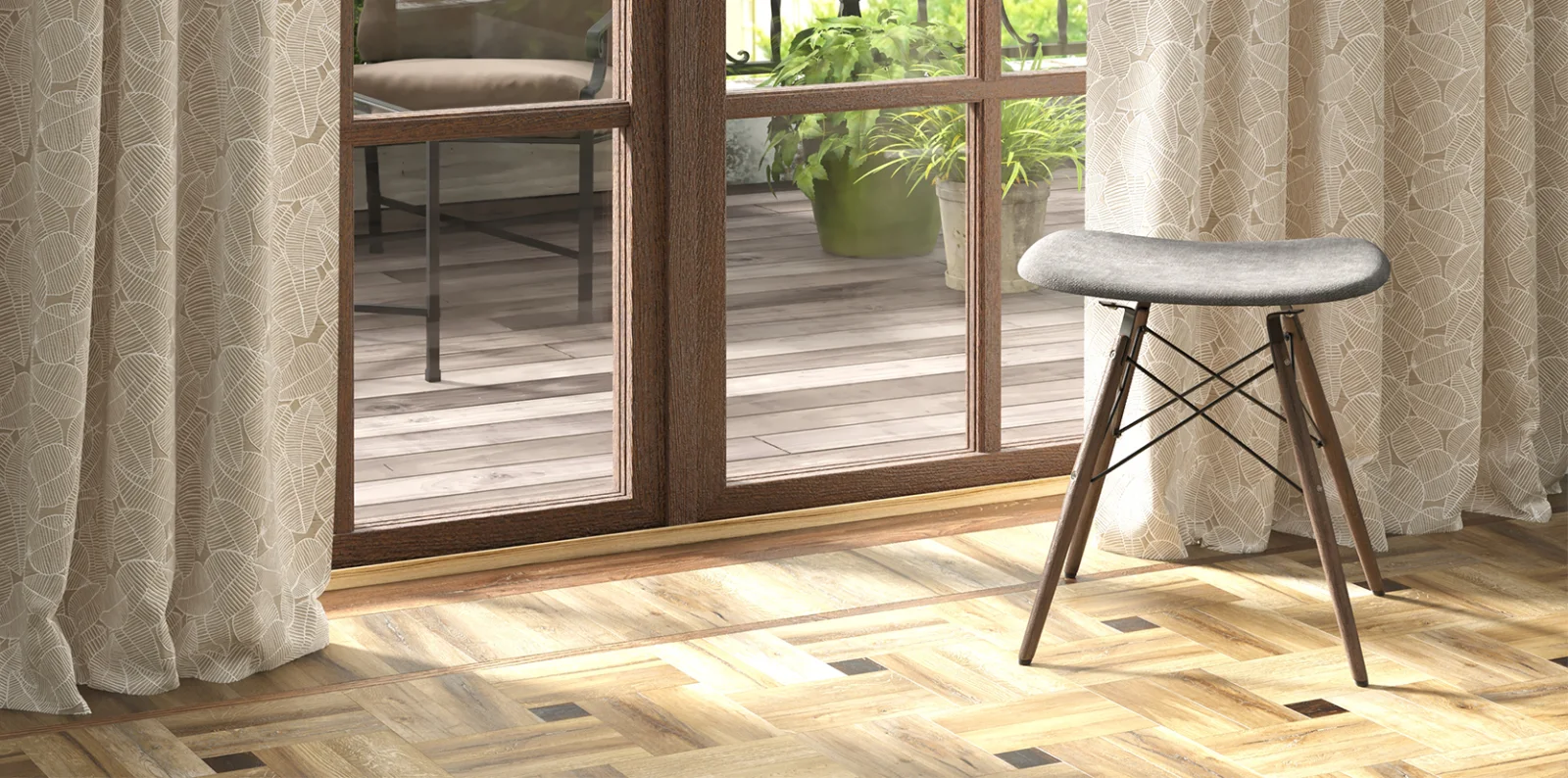 MODERO Patterned Drapery at the window.